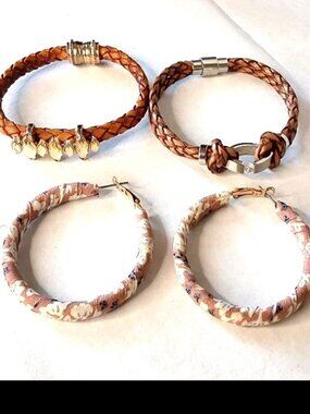 2 Braided Leather Bracelets and 1 Pair Fabric-Wrapped Hoop Earrings